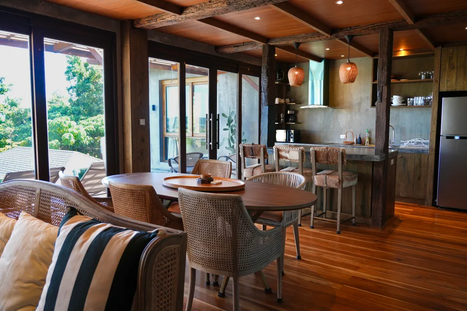 The dining table and open kitchen