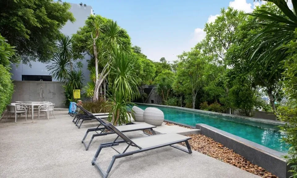 Shared pool surrounded by tropical planting