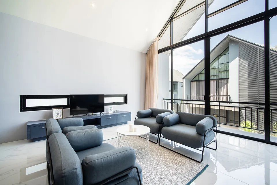 Seating beside the full-height windows